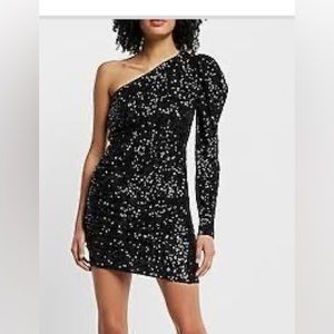 NEW! Express One sleeve black sequin cocktail dress mini